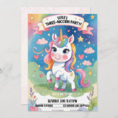 3歳の誕生日招待状- Unicorn 招待状 (正面/裏面)
