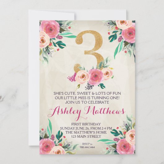 3歳の誕生日第三の美しいフローラ招待状、 招待状 (正面)