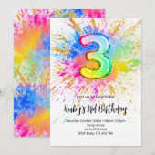 3歳の誕生日虹色の絵の具の飛沫の招待状 招待状 (正面/裏面)
