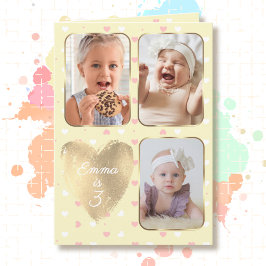 3歳の誕生日3枚コラージュ イエロー ピンク ホワイト カード