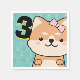 3歳の誕生日 おめでとう かわいい柴犬の子犬 ゆき スタンダードカクテルナプキン