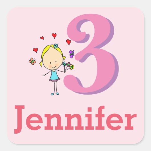 3歳の誕生日、お誕生日おめでとう、女の子 スクエアシール (正面)