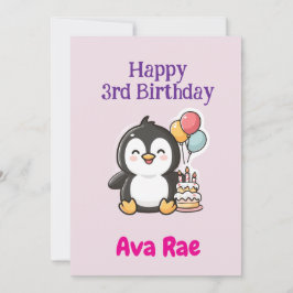 3歳の誕生日、お誕生日おめでとう、女の子、ペンギン、オーダーメイドフラットカード カード