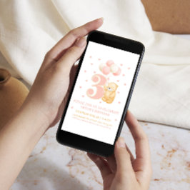 3歳の誕生日　かわいいピンクのクマの風船　夢のような 招待状