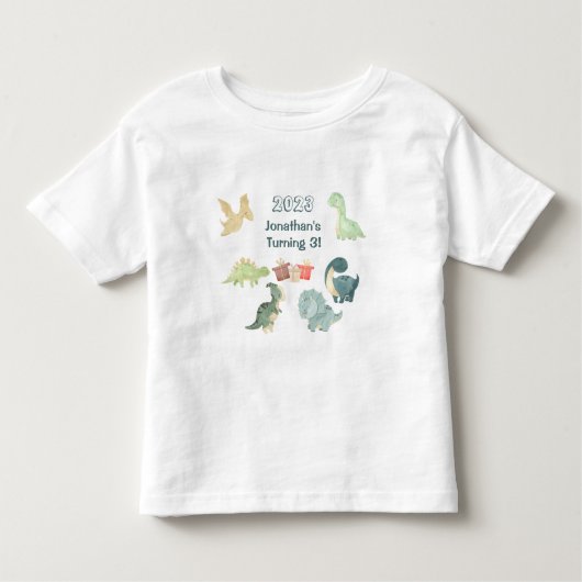 3歳の誕生日 かわいい恐竜の水彩画 トドラーTシャツ (正面)