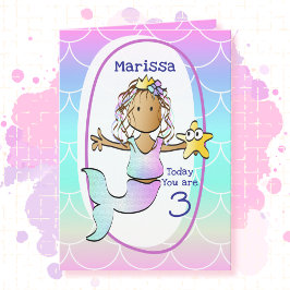 3歳の誕生日 エスニック マーメイド カートゥーン 可愛い カード