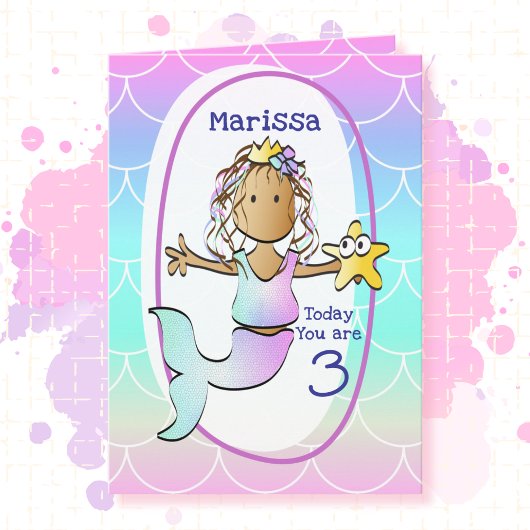 3歳の誕生日 エスニック マーメイド カートゥーン 可愛い カード