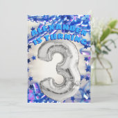 3歳の誕生日 シルバーとブルー 男の子のパーティー 招待状 (スタンド正面)