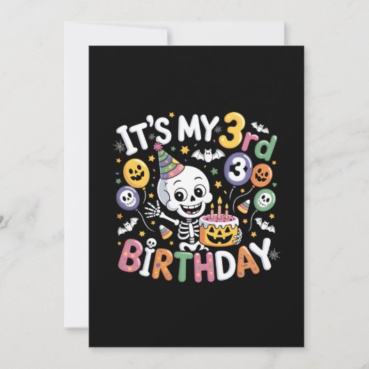 3歳の誕生日 スケルトン 10月 ハロウィン 幼児 招待状 (正面)