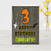 3歳の誕生日:ハロウィ不気味ーンテーマ+名前をカスタムする カード (黄色い花)