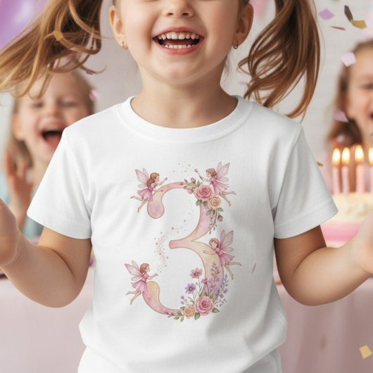 3歳の誕生日 ピンクの妖精とナンバー3 Tシャツ