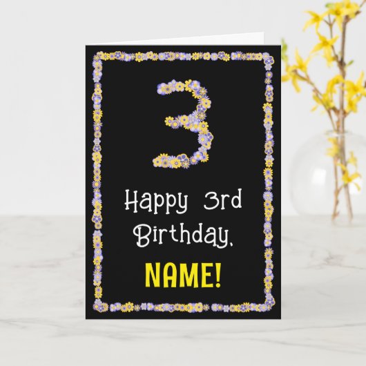 3歳の誕生日:フローラ花数,名前をカスタムする カード (黄色い花)