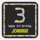 3歳の誕生日：フローラ花数，名前をカスタムする スクエアシール (正面)