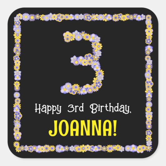 3歳の誕生日：フローラ花数，名前をカスタムする スクエアシール (正面)