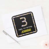 3歳の誕生日：フローラ花数，名前をカスタムする スクエアシール (封筒)