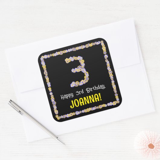 3歳の誕生日:フローラ花数,名前をカスタムする スクエアシール (封筒)