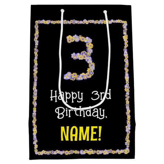 3歳の誕生日：フローラ花数，名前をカスタムする ミディアムペーパーバッグ (裏面)