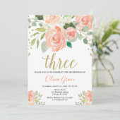3歳の誕生日 女の子 桃色 コーラル 花 招待状 (スタンド正面)