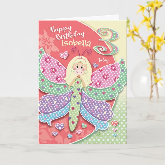 3歳の誕生日、小さな蝶の女の子 カード (黄色い花)
