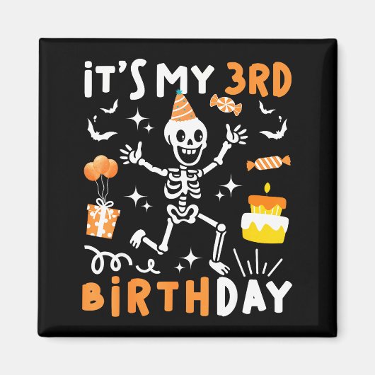 3歳の誕生日 楽しいスケルトンの子供たち 3回目のハロウィン マグネット (正面)