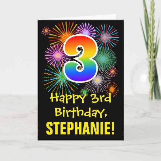 3歳の誕生日:楽しい花火の模様 + 虹色の3 カード (正面)