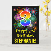 3歳の誕生日:楽しい花火の模様 + 虹色の3 カード (黄色い花)