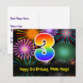 3歳の誕生日 – 楽しい花火模様 + レインボー３ ポストカード (正面/裏面)