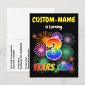 3歳の誕生日 - 楽しい花火、虹の「3」 ポストカード (正面/裏面)