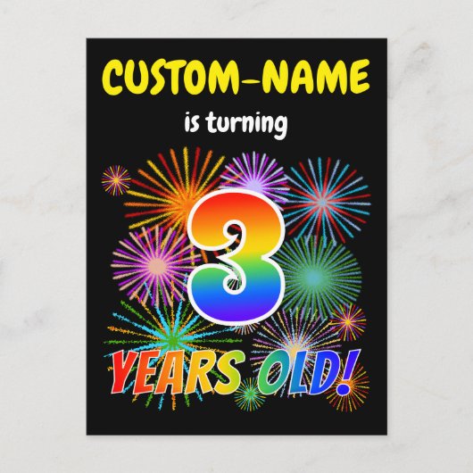 3歳の誕生日 - 楽しい花火、虹の「3」 ポストカード (正面)