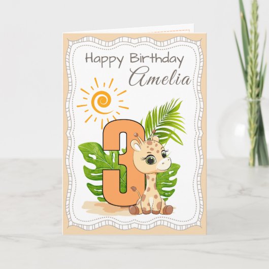 3歳の誕生日 水彩動物カード カード (正面)