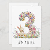 3歳の誕生日 花の3とウサギのカード 招待状 (正面/裏面)