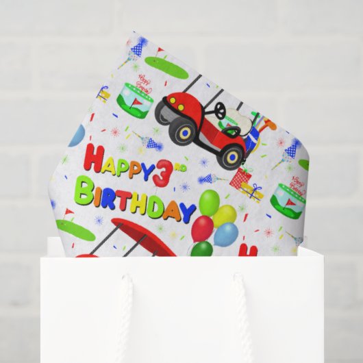 3歳の誕生日 赤いゴルフカート 男の子 パターン 薄葉紙 (ギフトバッグ)