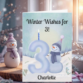 3歳の誕生日　雪だるまと雪の数字の3 カード