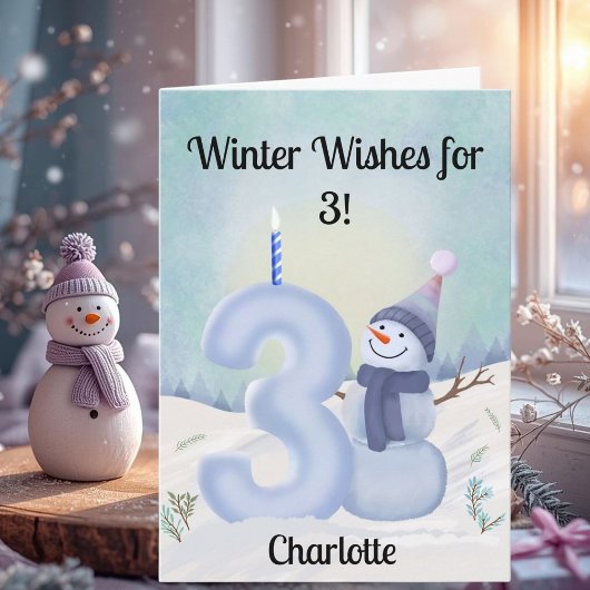 3歳の誕生日 雪だるまと雪の数字の3 カード