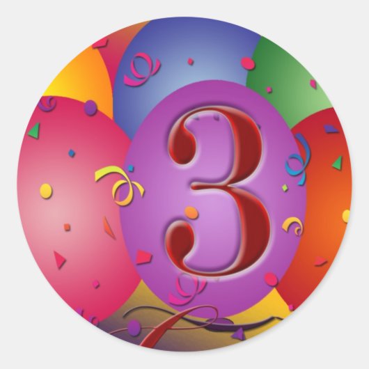 3歳カラフルの誕生日バルーン ラウンドシール (正面)