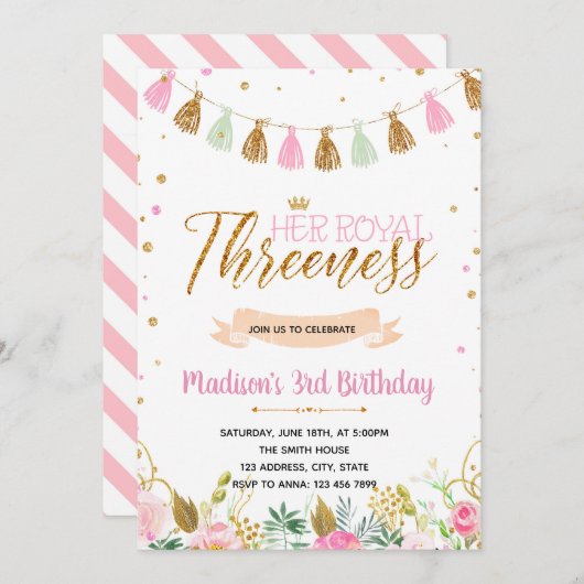 3歳王室のの誕生日の招待 招待状 (正面/裏面)