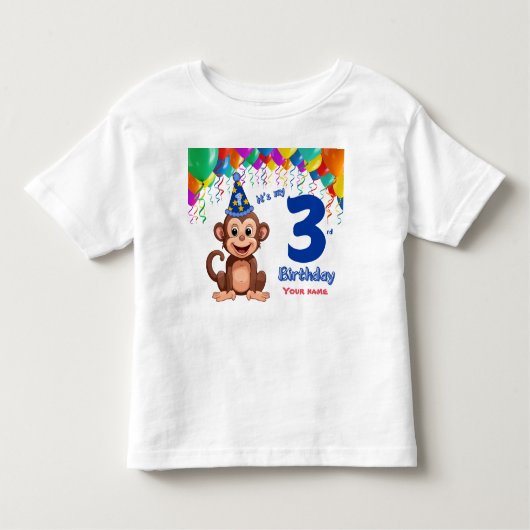 3歳誕生日オリジナルTシャツ、サルパーティー トドラーTシャツ (正面)