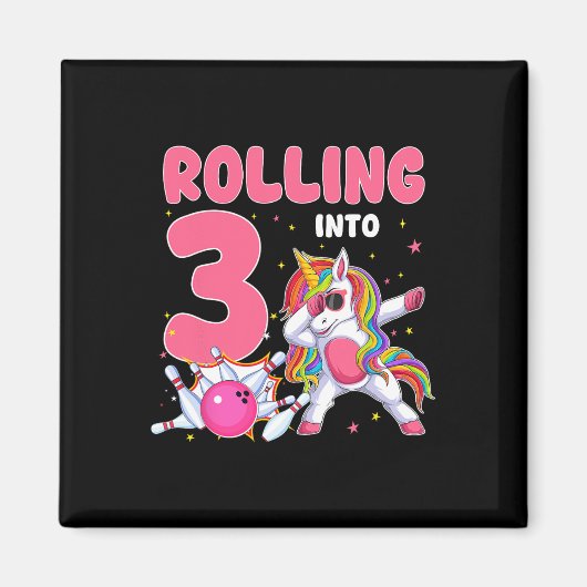 3歳転がの誕生日にUnicornボーリング3年 マグネット (正面)