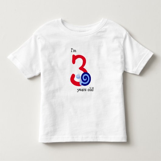 「3歳！」+かわいいハッピーブルーカタツムリ トドラーTシャツ (正面)