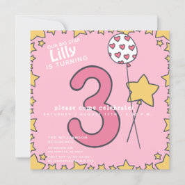 3歳 – かわいいピンク&イエローキッズ誕生日 招待状
