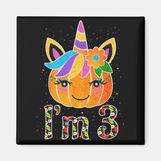 3歳 ユニコーン かぼちゃ 可愛いデザイン 誕生日 マグネット (正面)