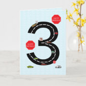 3歳、3歳の誕生日、おもちゃ車と道路 カード (黄色い花)