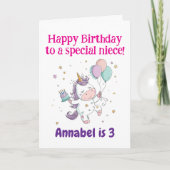 3歳、4歳、5歳、6歳の誕生日の姪、かわいいユニコーン カード (正面)