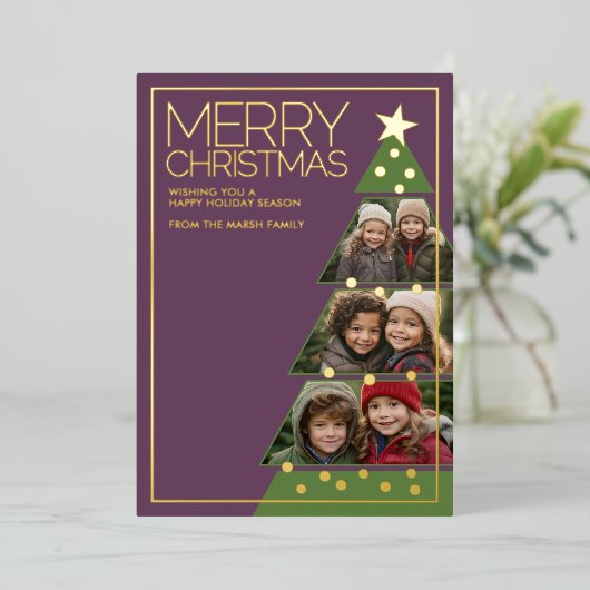 3水平フォトクリスマスツリーコラージュ 箔シーズンカード (立ち正面)
