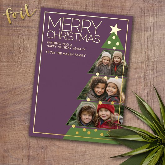 3水平フォトクリスマスツリーコラージュ 箔シーズンカード