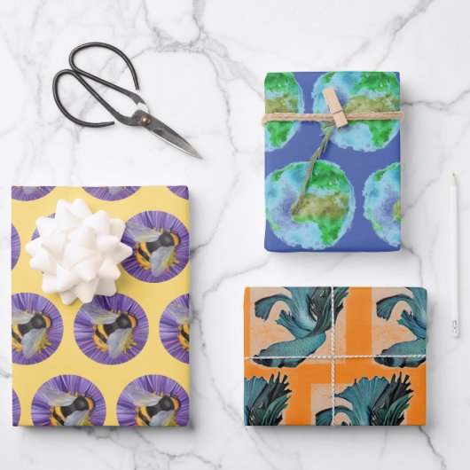 3水色のまわりに地球ベタフィッシュ ラッピングペーパーシート (正面)