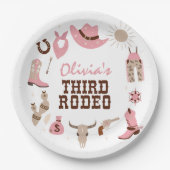 3番目のロデオピンク西カウボーイ3番目の誕生日 ペーパープレート (正面)