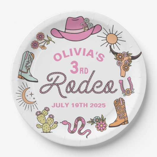 3番目のロデオピンク西カウボーイ3番目の誕生日 ペーパープレート (正面)