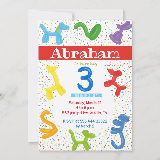 3番目の誕生日の動物のバルーンの招待 招待状 (正面)