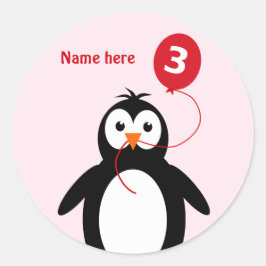 3番目の誕生日ペンギン追加の名前ピンク ラウンドシール